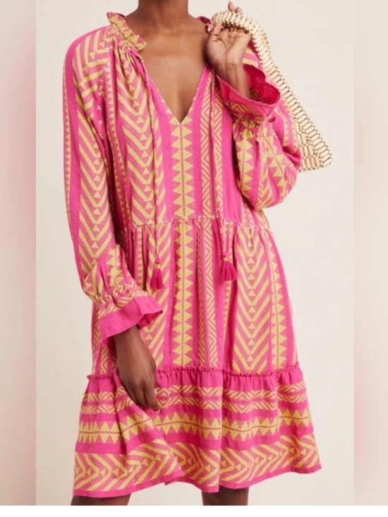 Anthropologie Dresses & Skirts - Anthropologie Maeve Dominique Tiered Tunic Pockets Cotton Geometric Print Dress